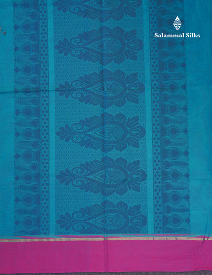Beautiful Ramar Blue Thread Work Buttas Pure Cotton Saree With Contrast Violet Border