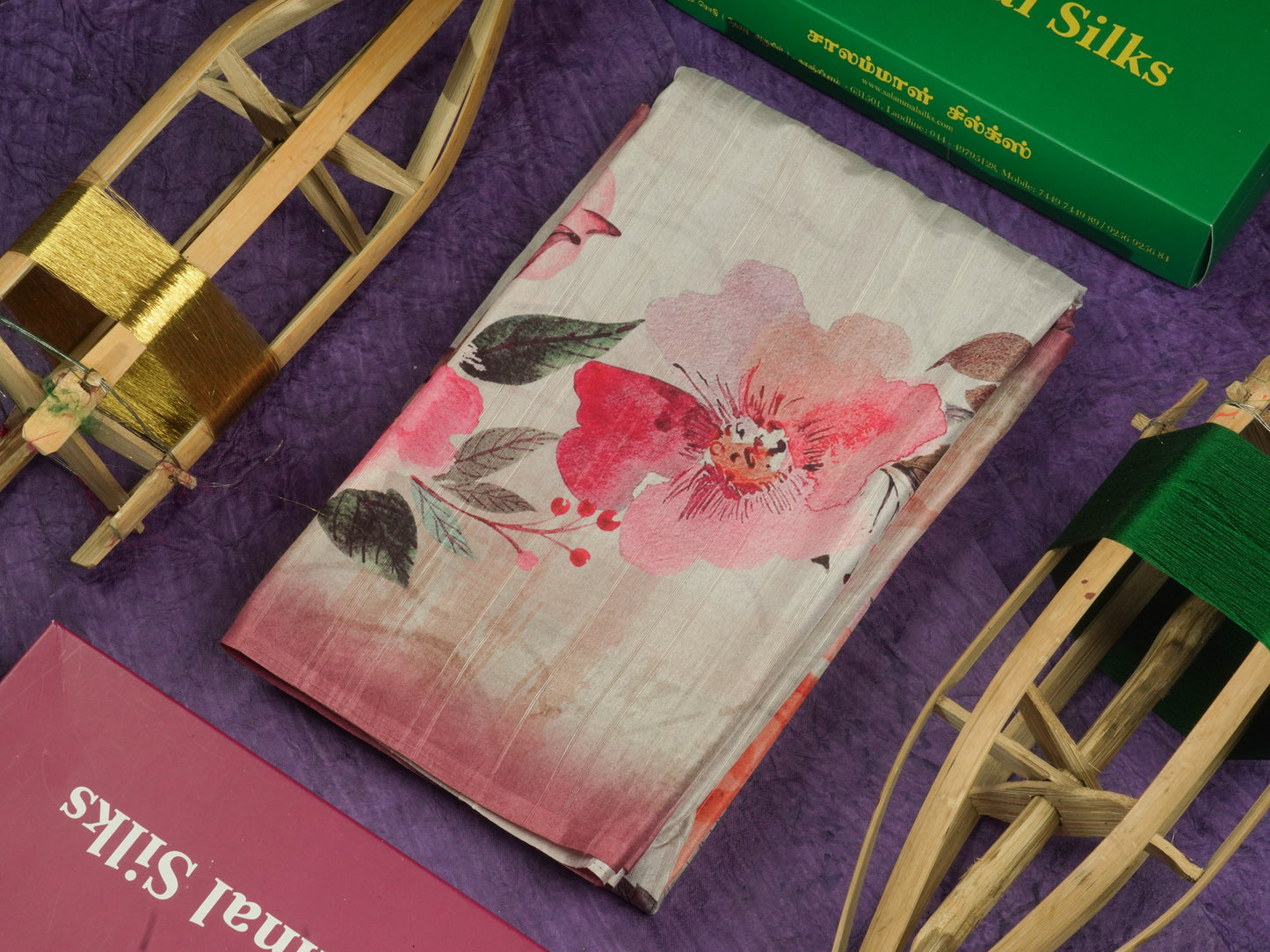 Light Pink Floral Printed Design Semi Tussar Saree With Contrast Blouse