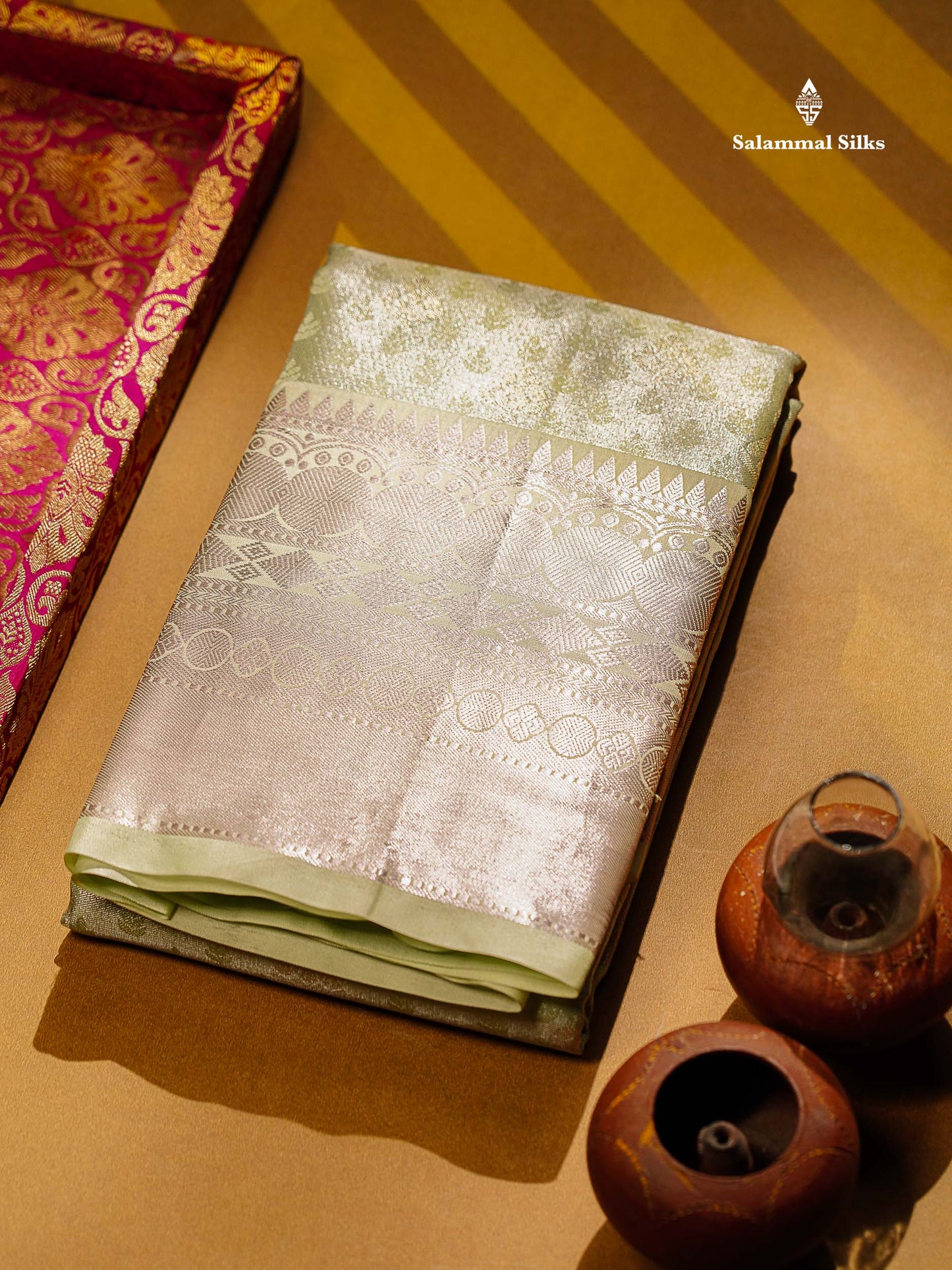 Beautiful Light Elaichi Green Semi Silk Saree With Traditional Evening Morning Border