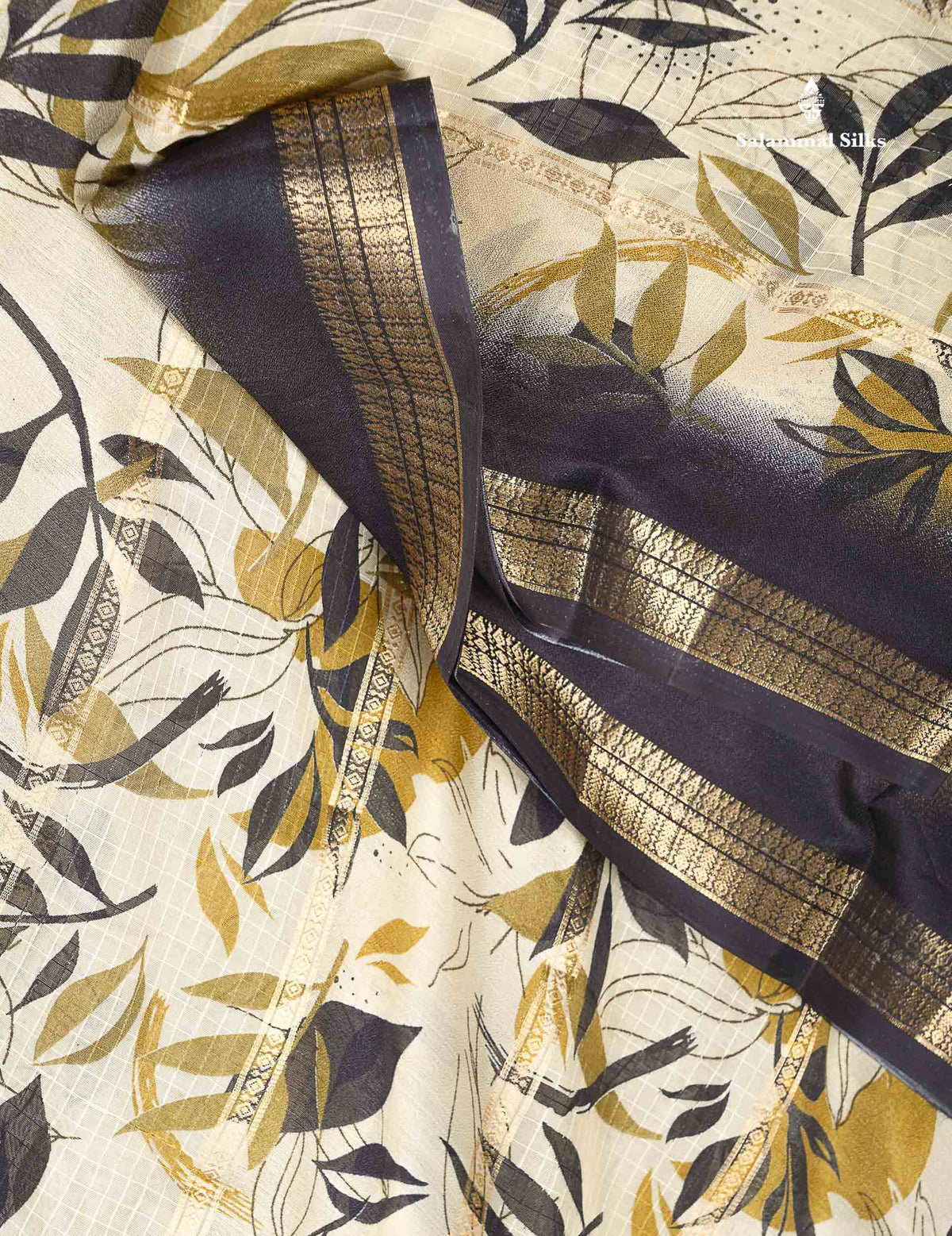Semi Crepe Silk Saree - Half White Colour Body With Contrast Black Fancy Border
