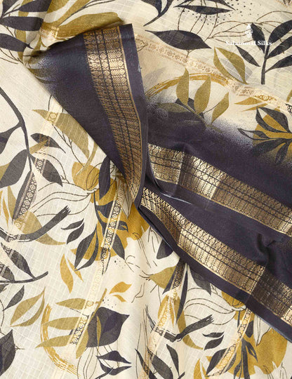 Semi Crepe Silk Saree - Half White Colour Body With Contrast Black Fancy Border