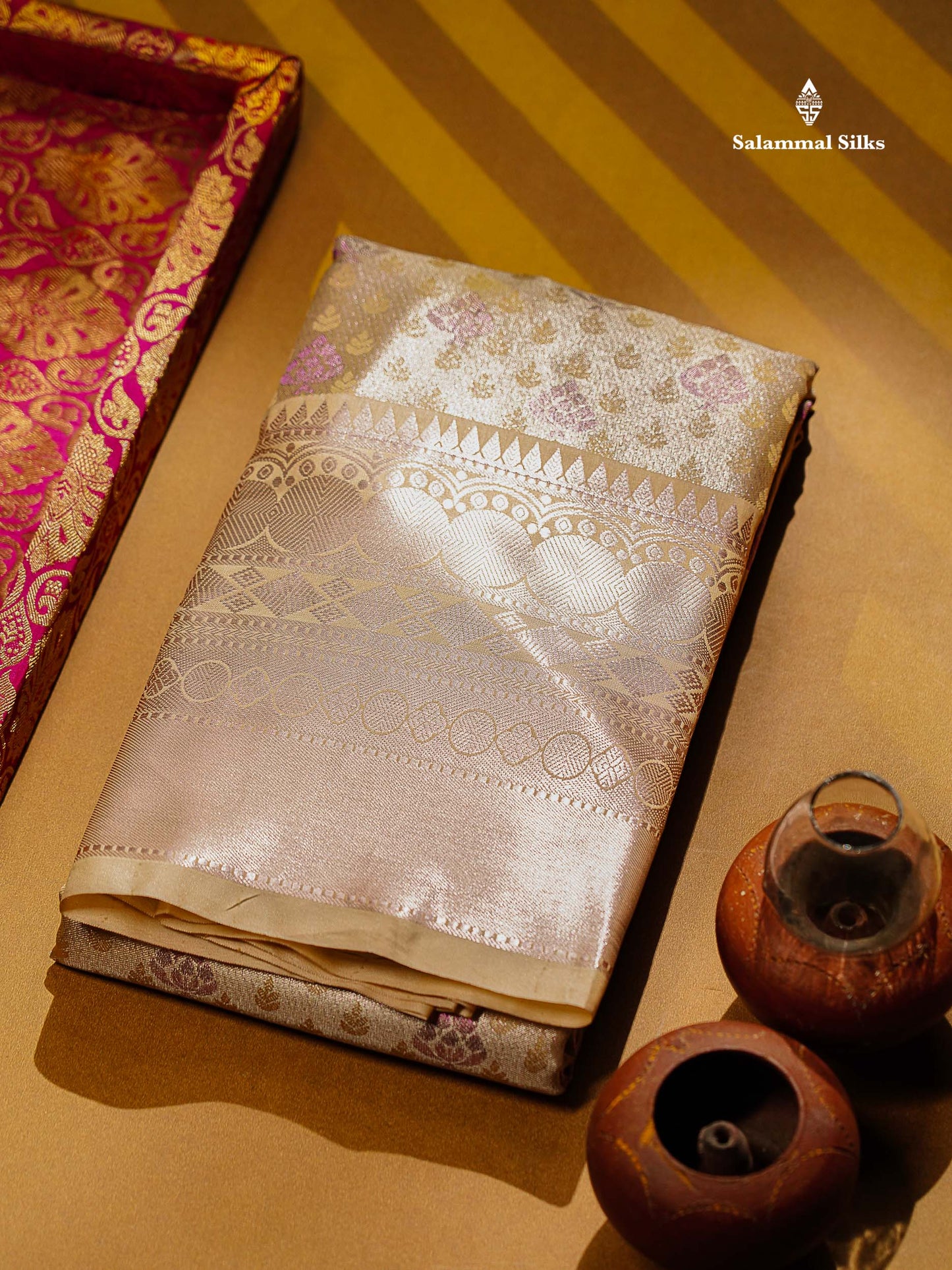 Beautiful Cream Sandal Semi Soft Silk Saree With Traditional Evening Morning Border