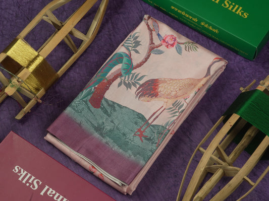 Baby Pink Printed Semi Tussar Saree With Lake & Bird Border