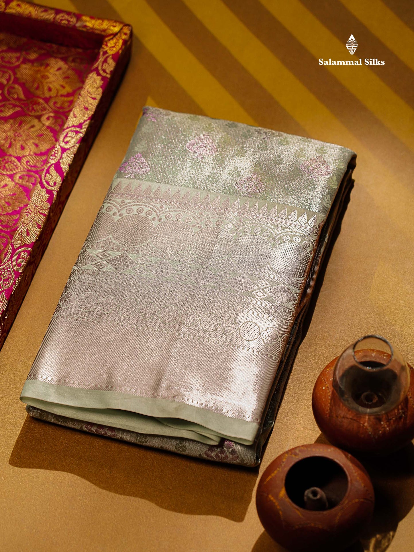 Beautiful Ice Blue Semi Silk Saree With Traditional Evening Morning Border