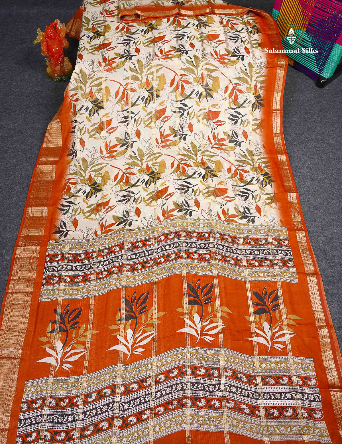 Semi Crepe Silk Saree - Half White Colour Body With Contrast Rust Orange Fancy Border
