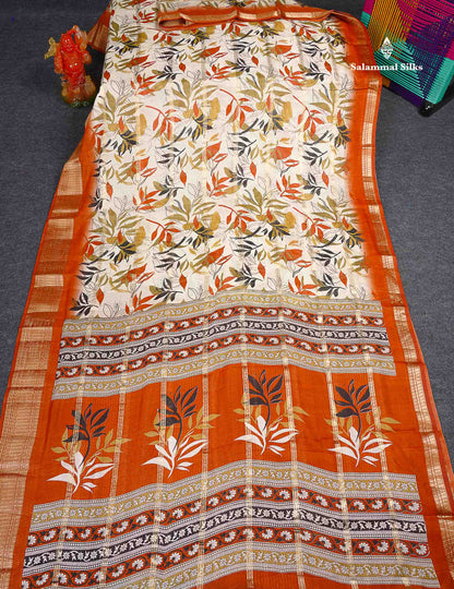 Semi Crepe Silk Saree - Half White Colour Body With Contrast Rust Orange Fancy Border