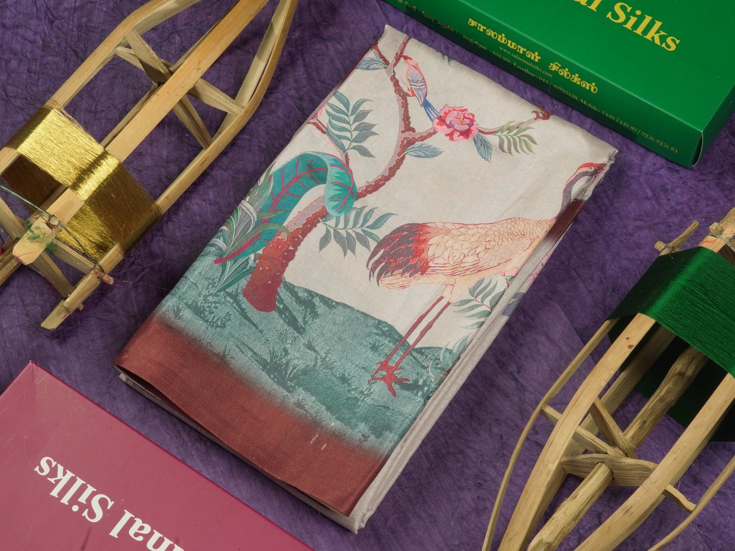 Baby Pink Printed Semi Tussar Saree With Lake & Bird Border