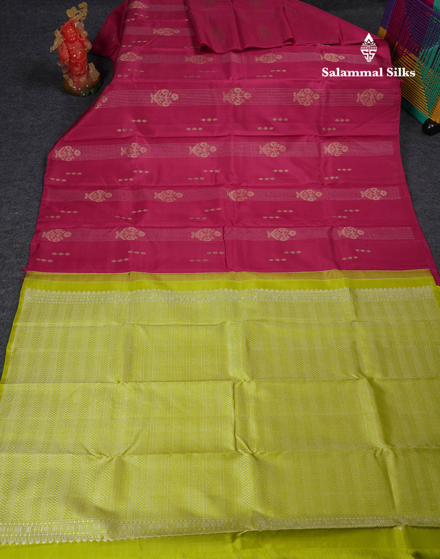 Beautiful Redish Magenta Fancy Pure Kanjivaram Silk Saree With Contrast Manthulir Yellow Blouse