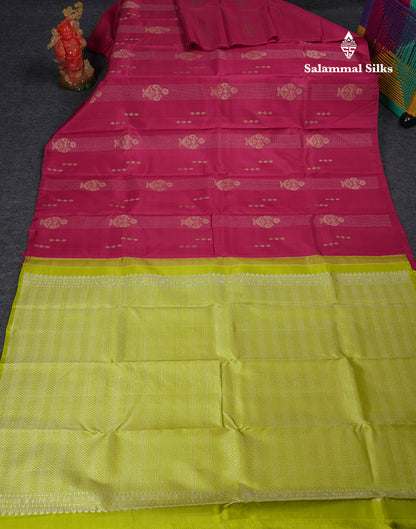 Beautiful Redish Magenta Fancy Pure Kanjivaram Silk Saree With Contrast Manthulir Yellow Blouse