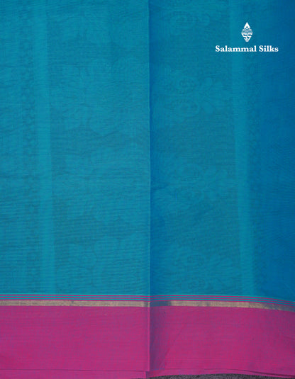 Beautiful Ramar Blue Thread Work Buttas Pure Cotton Saree With Contrast Violet Border