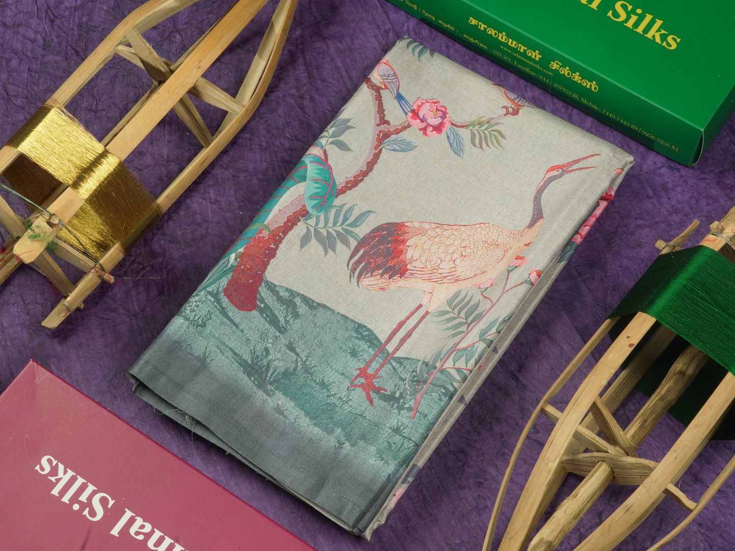 Baby Pink Printed Semi Tussar Saree With Lake & Bird Border