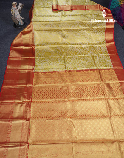 Golden Yellow Beautiful Tissue Grand Bridal Pure Kanjivaram Silk Saree With Maroon Evening Morning Border