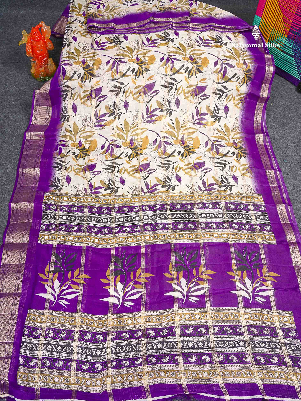Semi Crepe Silk Saree - Half White Colour Body With Contrast Violet Fancy Border