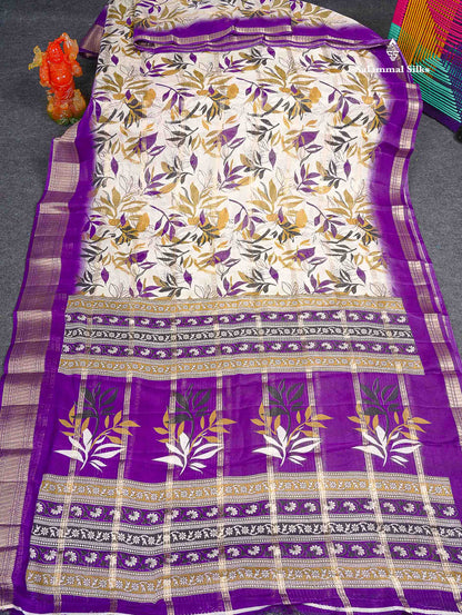 Semi Crepe Silk Saree - Half White Colour Body With Contrast Violet Fancy Border