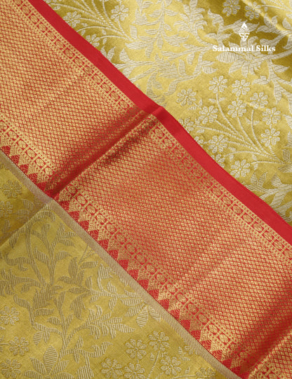 Golden Yellow Beautiful Tissue Grand Bridal Pure Kanjivaram Silk Saree With Maroon Evening Morning Border
