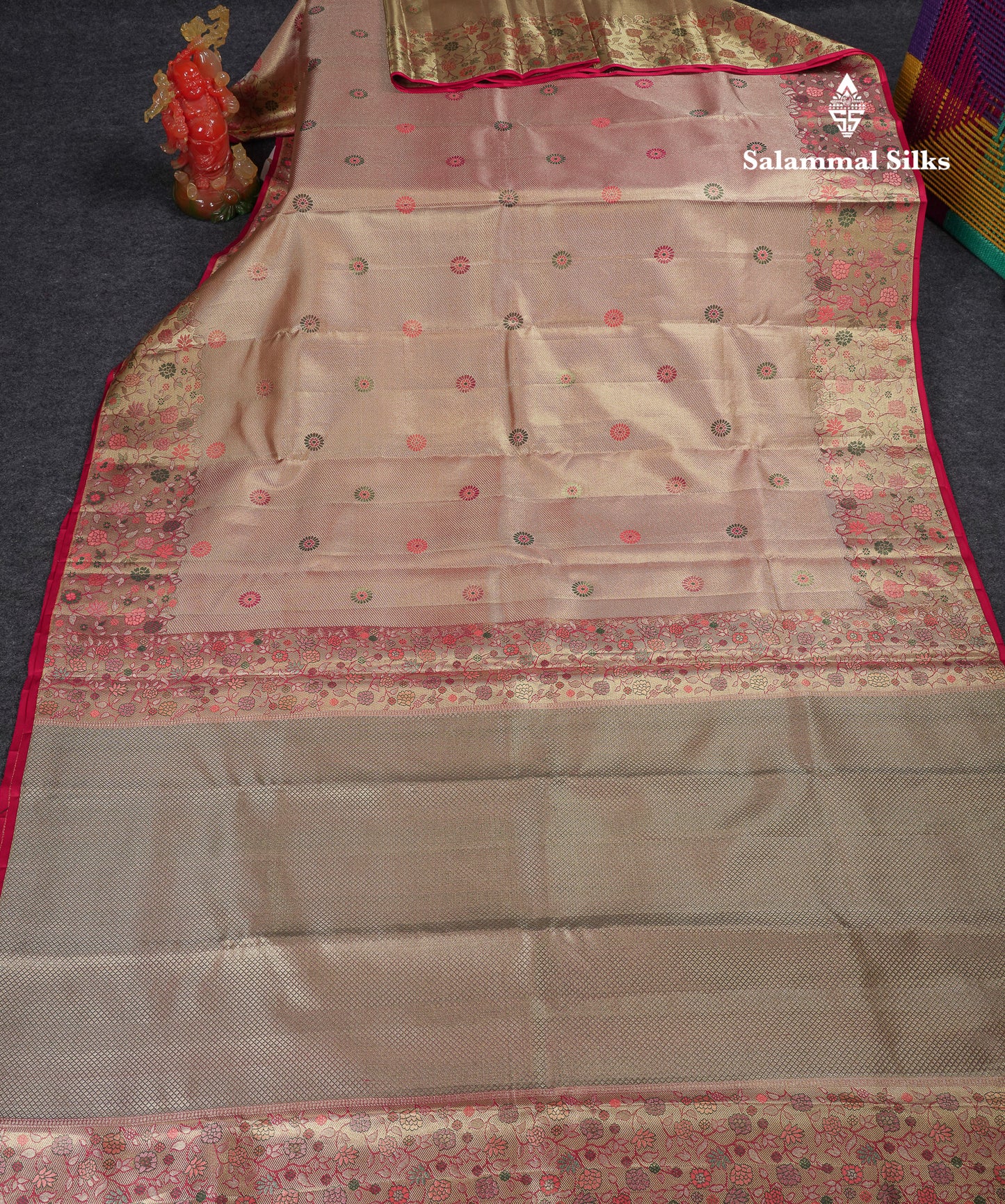 Beautiful Peach Menakari Work Tissue Bridal Pure Kanjivaram Silk Saree With Fancy Border