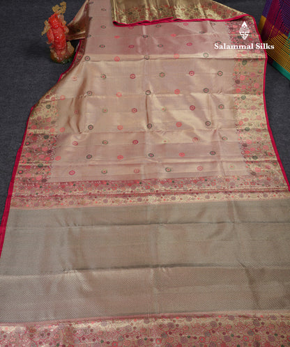 Beautiful Peach Menakari Work Tissue Bridal Pure Kanjivaram Silk Saree With Fancy Border