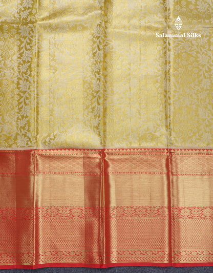 Golden Yellow Beautiful Tissue Grand Bridal Pure Kanjivaram Silk Saree With Maroon Evening Morning Border