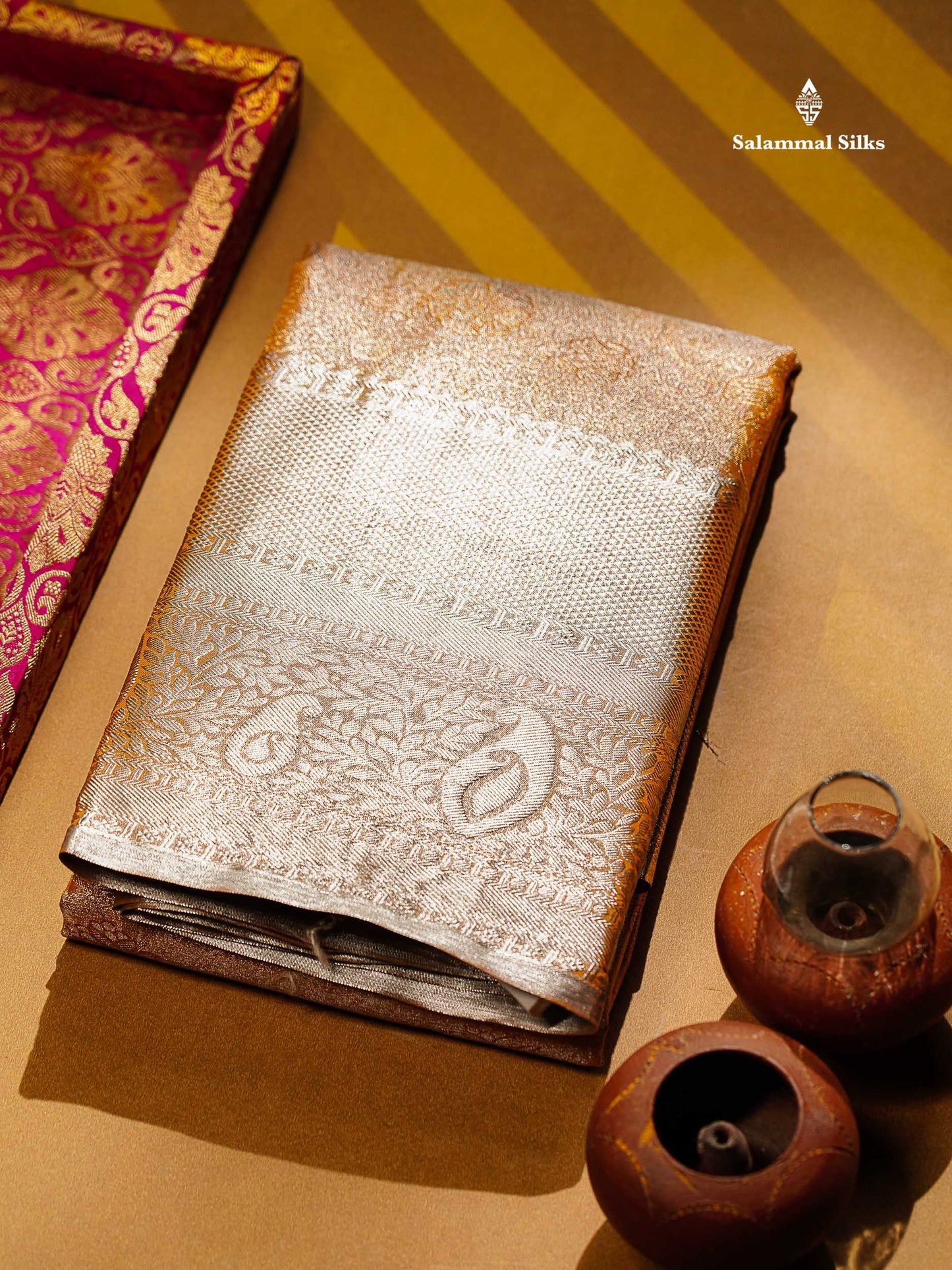Beautiful Light Orange Tissue Bridal Semi Silk Saree With Traditional Evening Morning Border