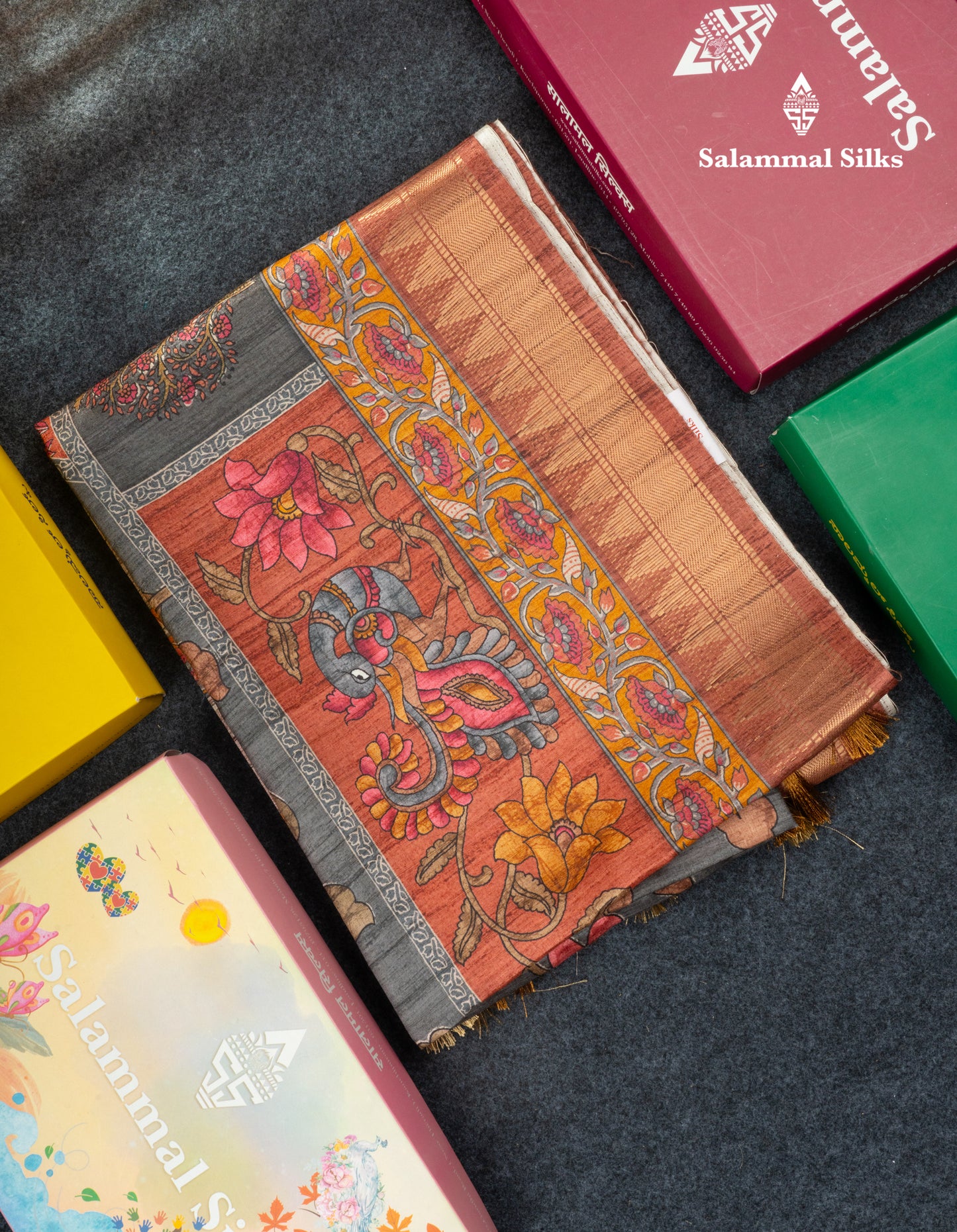 Mustard Yellow Semi Tussar Fancy Saree With Contrast Pink Shade Border