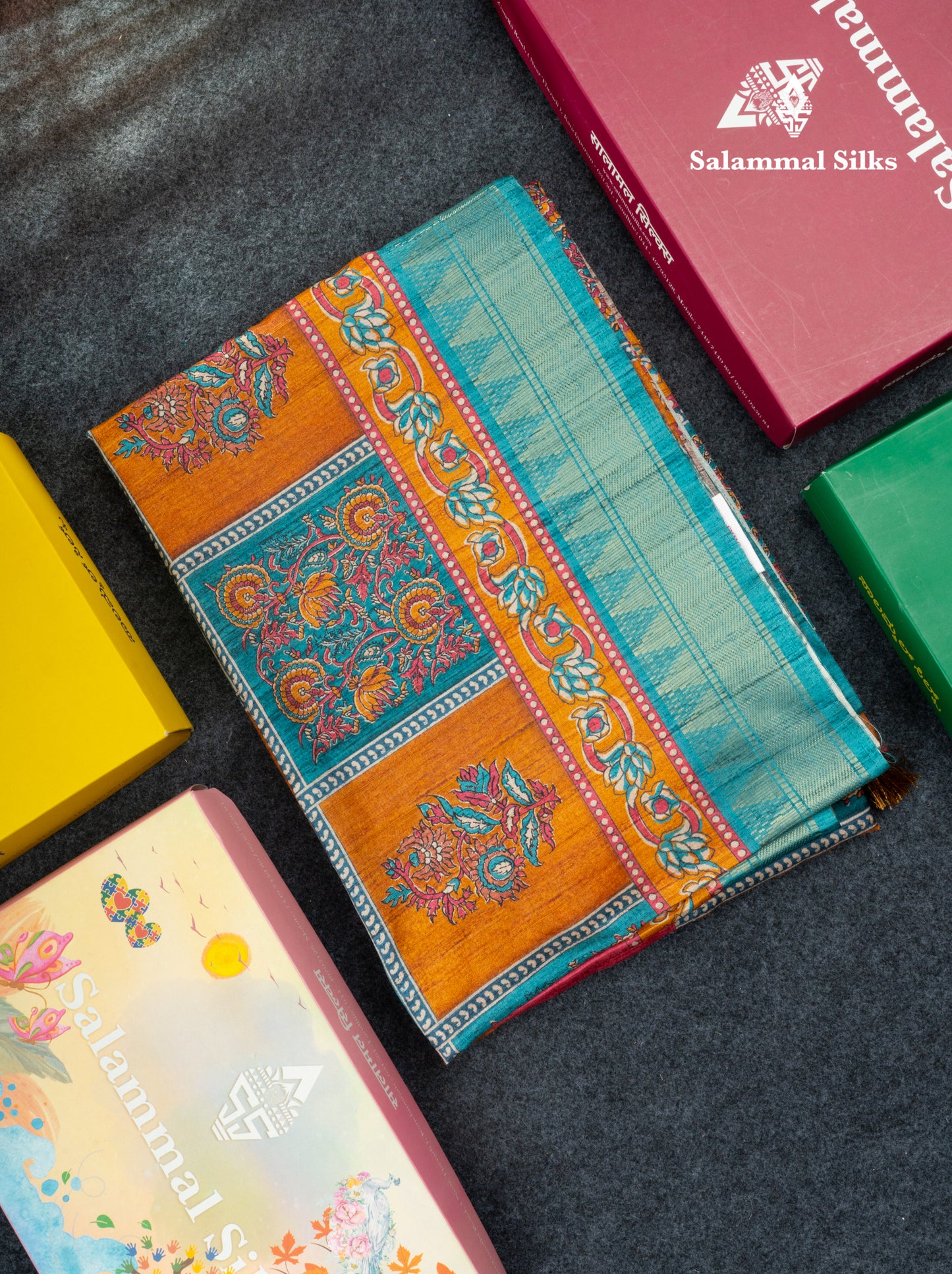 Mustard Yellow Semi Tussar Fancy Saree With Contrast Pink Shade Border