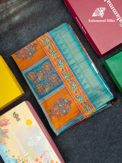 Mustard Yellow Semi Tussar Fancy Saree With Contrast Pink Shade Border