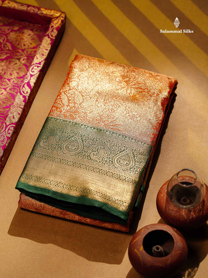 Beautiful Orange Tissue Bridal Semi Silk Saree With Contrast Bottle Green Traditional Border