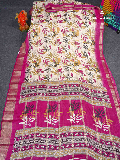 Semi Crepe Silk Saree - Half White Colour Body With Contrast Pink Fancy Border