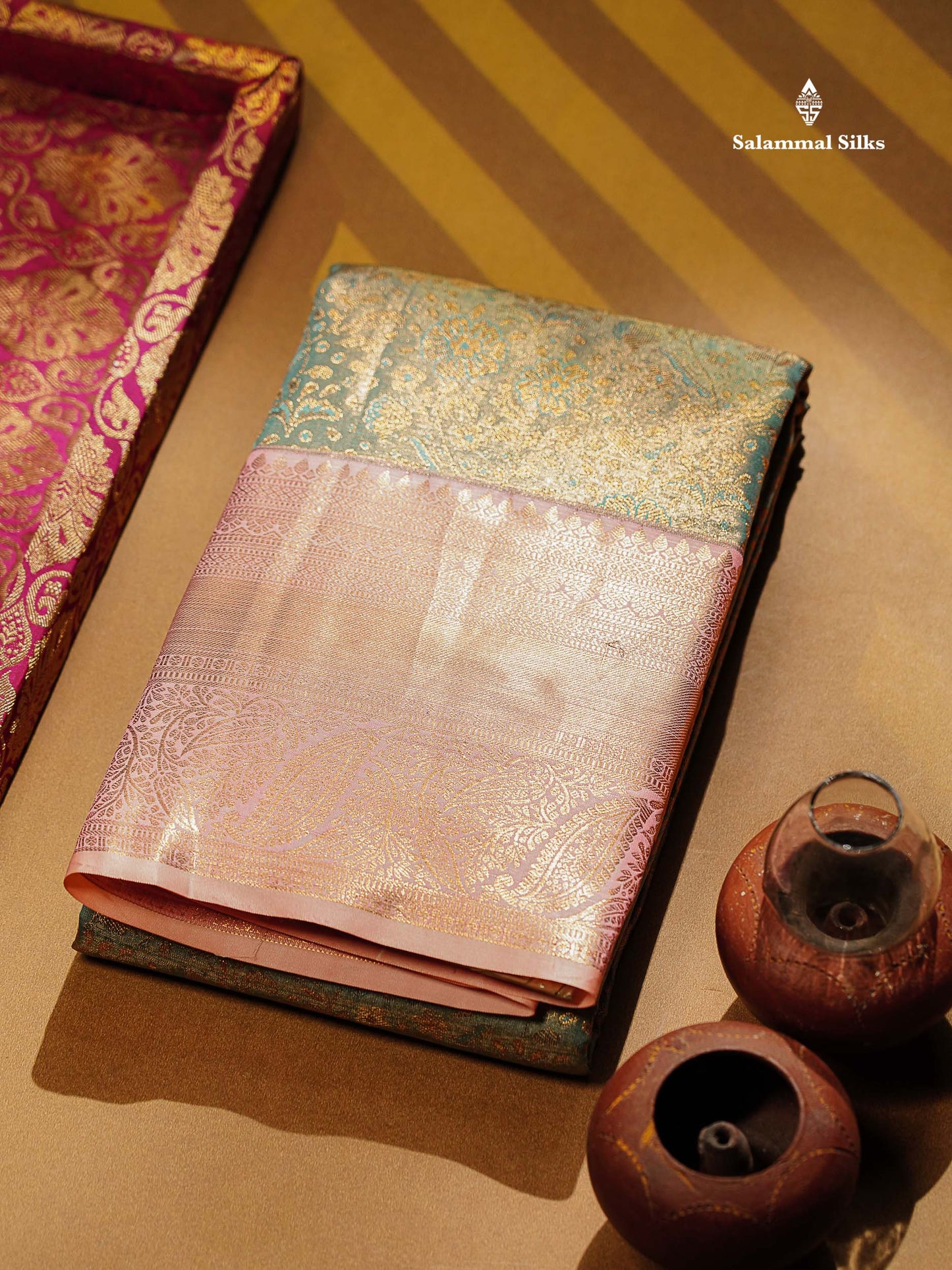 Beautiful Ice Blue Tissue Bridal Semi Silk Saree With Contrast Baby Pink Traditional Evening Morning Border