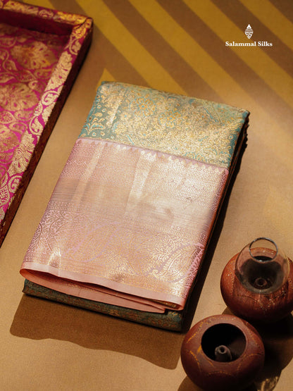Beautiful Ice Blue Tissue Bridal Semi Silk Saree With Contrast Baby Pink Traditional Evening Morning Border