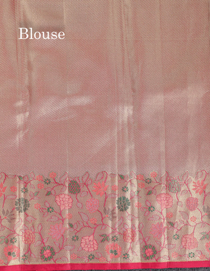 Beautiful Peach Menakari Work Tissue Bridal Pure Kanjivaram Silk Saree With Fancy Border