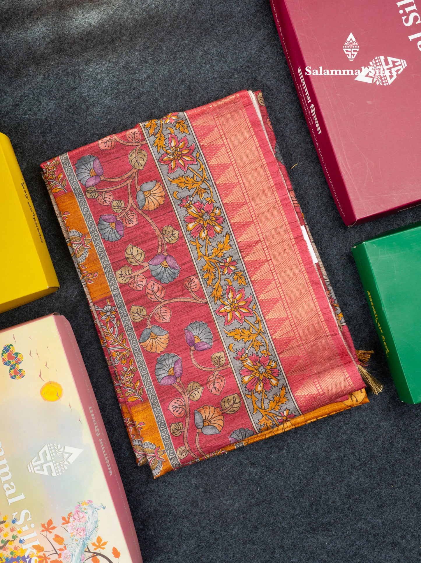Mustard Yellow Semi Tussar Fancy Saree With Contrast Pink Shade Border