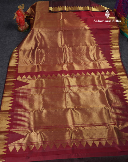 Beautiful Dark Maroon Rising Temple Pure Kanjivaram Silk Saree With Traditional Border