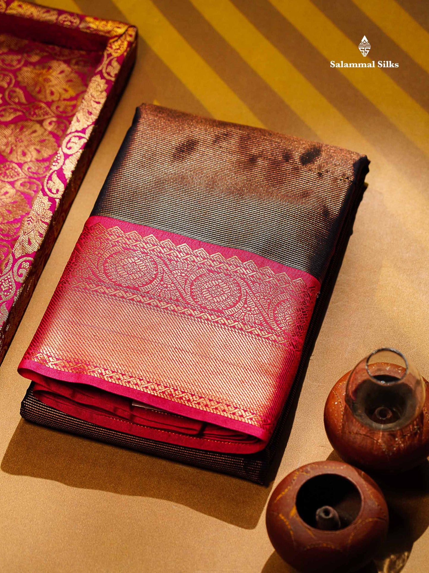 Beautiful Dark Navy Blue Vaira Oosi Lines Semi Silk Saree With Contrast Pink Traditional Border