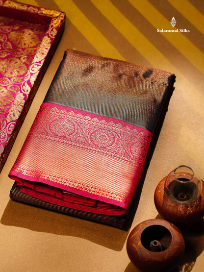 Beautiful Dark Navy Blue Vaira Oosi Lines Semi Silk Saree With Contrast Pink Traditional Border