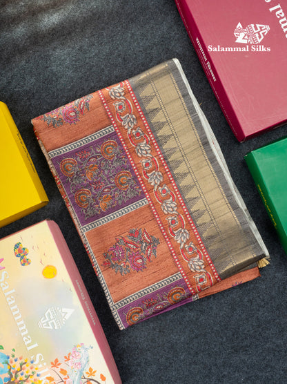 Mustard Yellow Semi Tussar Fancy Saree With Contrast Pink Shade Border
