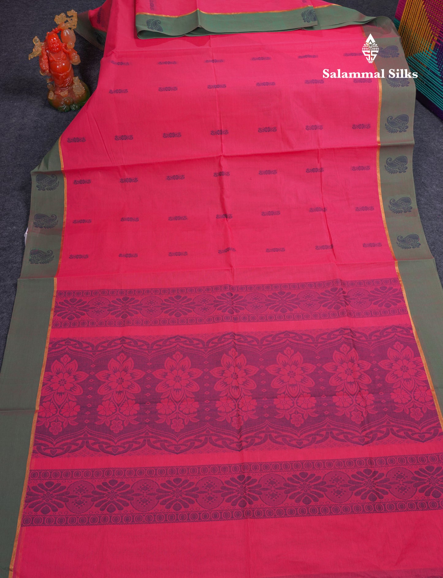 Beautiful Pink Thread Work Buttas Pure Cotton Saree With Contrast Dual Tone Green Border