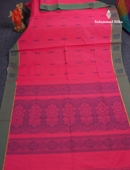 Beautiful Pink Thread Work Buttas Pure Cotton Saree With Contrast Dual Tone Green Border