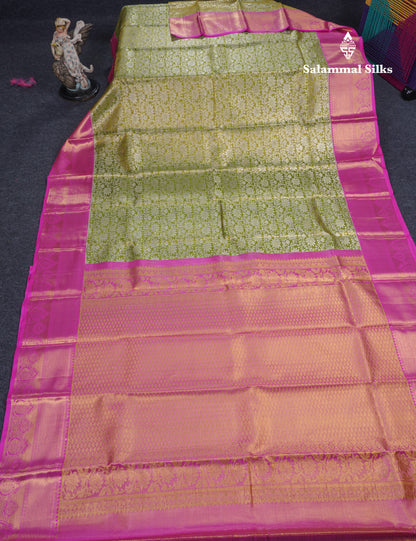 Olive Green Beautiful Grand Tissue Bridal Pure Silk Saree With Pink Border