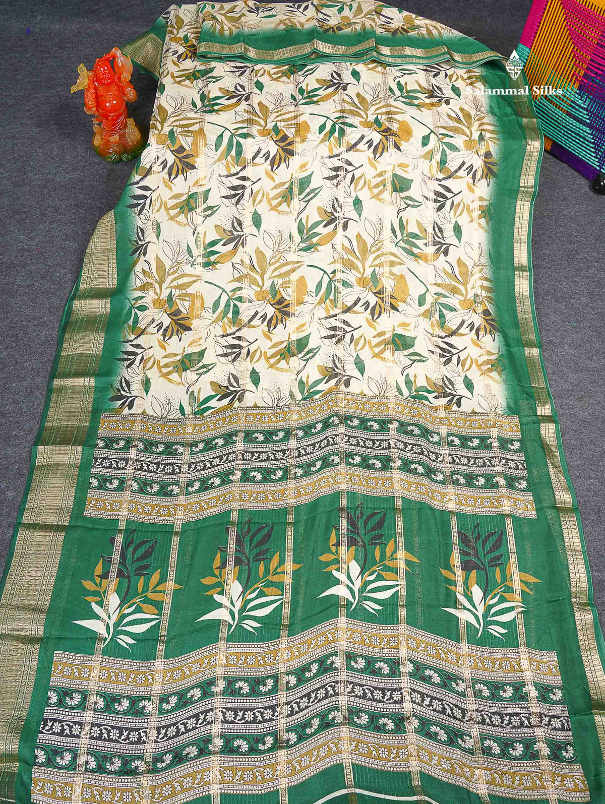 Semi Crepe Silk Saree - Half White Colour Body With Contrast Green Fancy Border