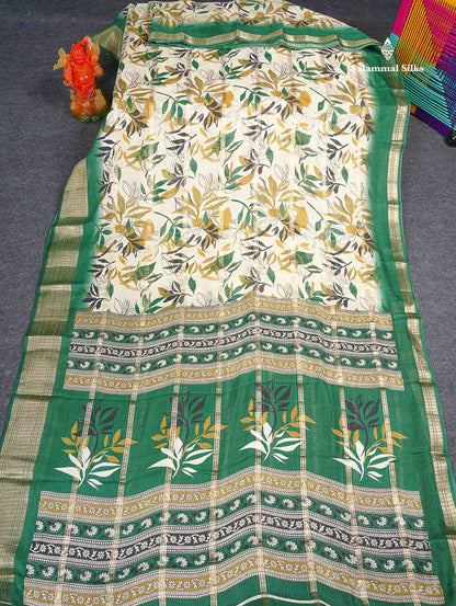 Semi Crepe Silk Saree - Half White Colour Body With Contrast Green Fancy Border