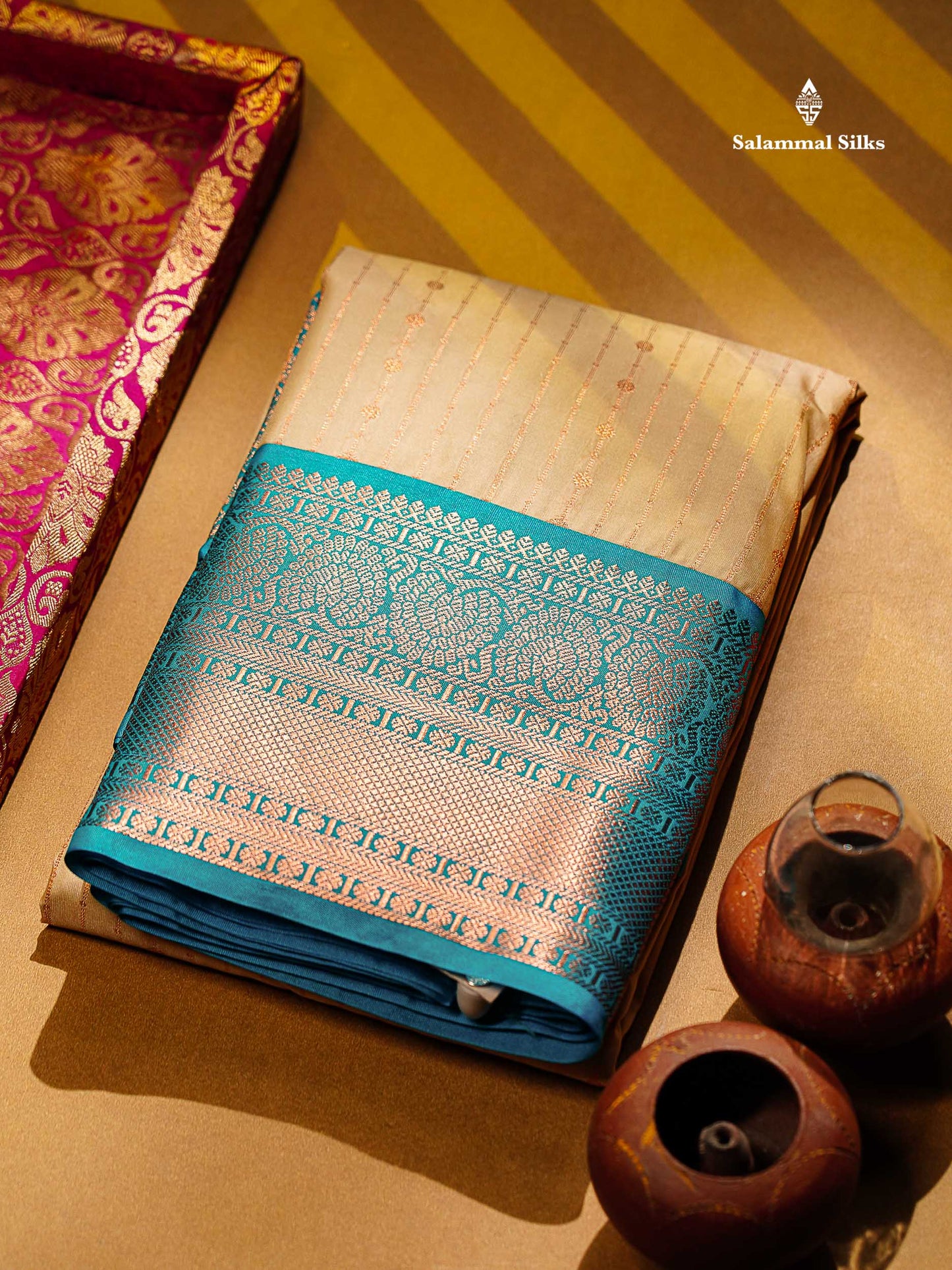 Semi Silk Saree - Beige Straip Lines Along With Contrast Ramar Blue Traditional Border