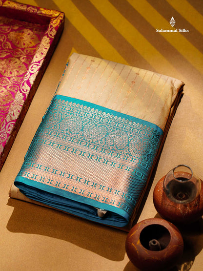 Semi Silk Saree - Beige Straip Lines Along With Contrast Ramar Blue Traditional Border