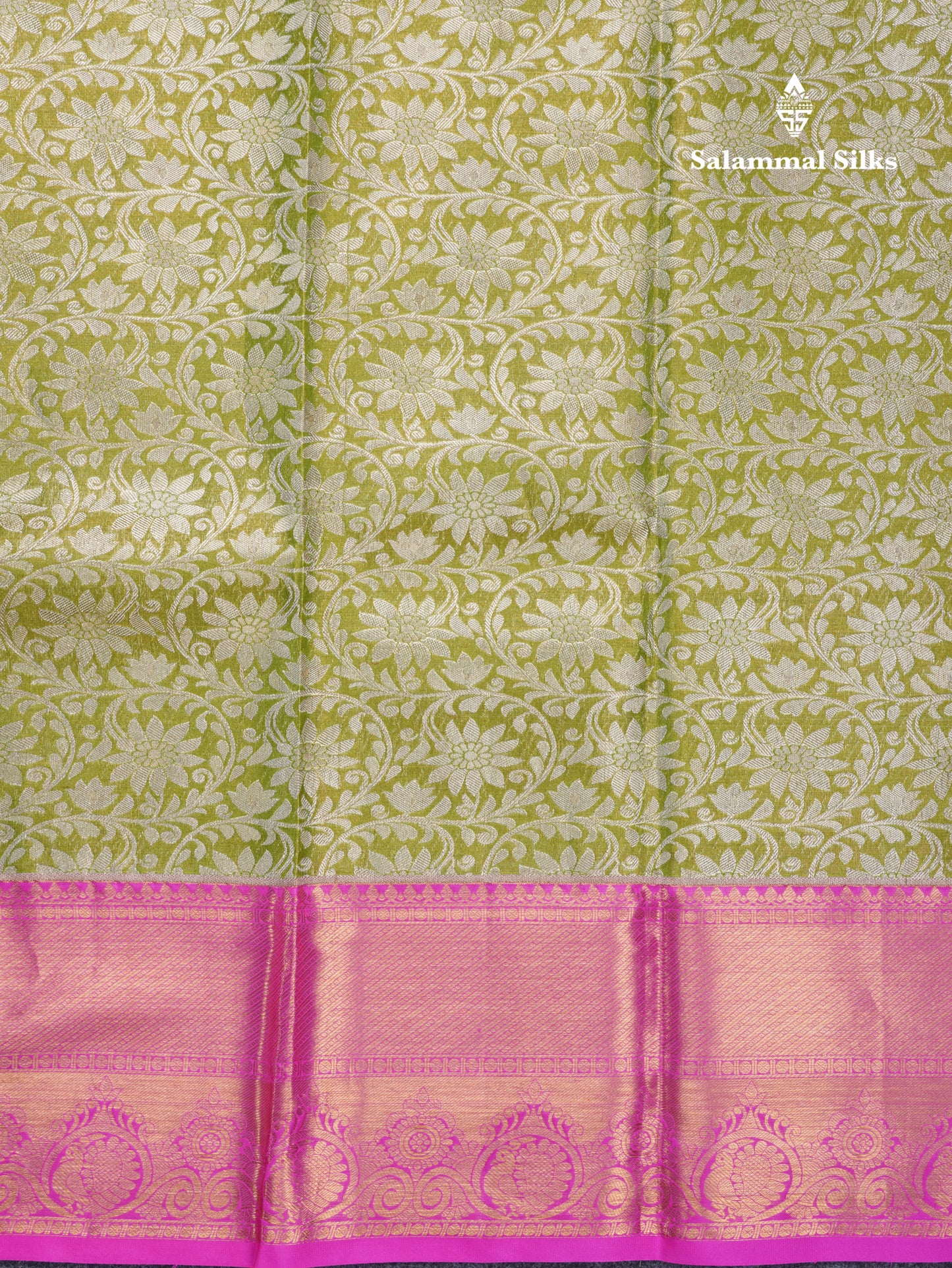 Olive Green Beautiful Grand Tissue Bridal Pure Silk Saree With Pink Border