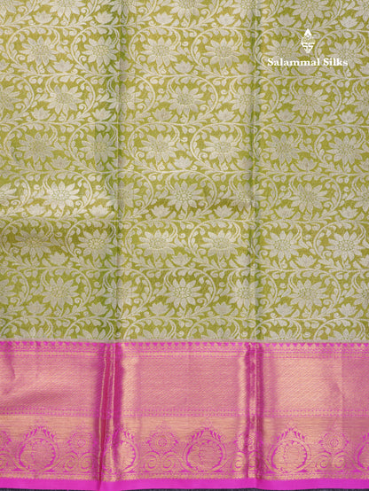 Olive Green Beautiful Grand Tissue Bridal Pure Silk Saree With Pink Border