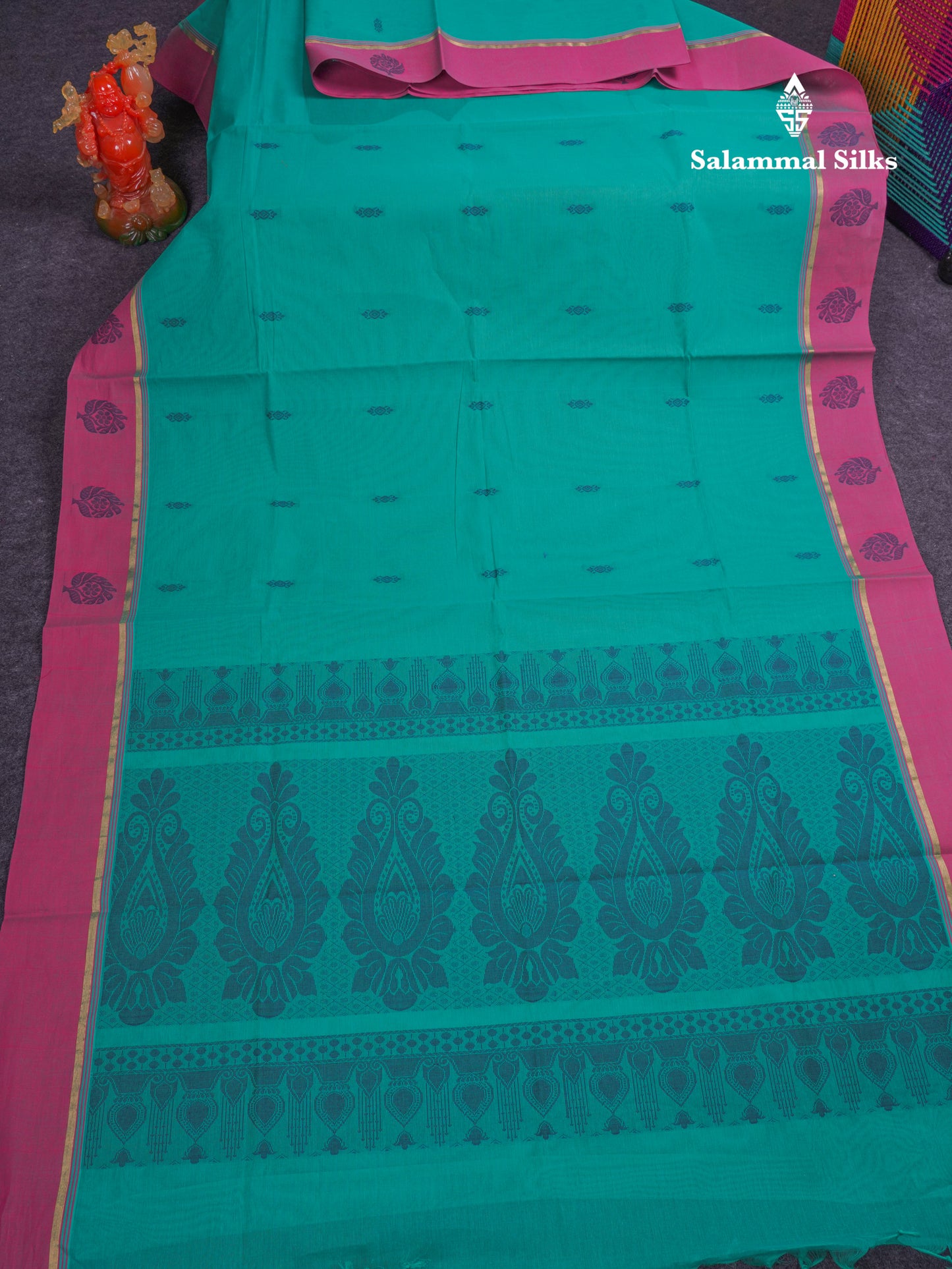 Beautiful Sapphire Green Thread Work Buttas Pure Cotton Saree With Contrast Light Violet Border