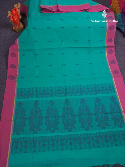 Beautiful Sapphire Green Thread Work Buttas Pure Cotton Saree With Contrast Light Violet Border