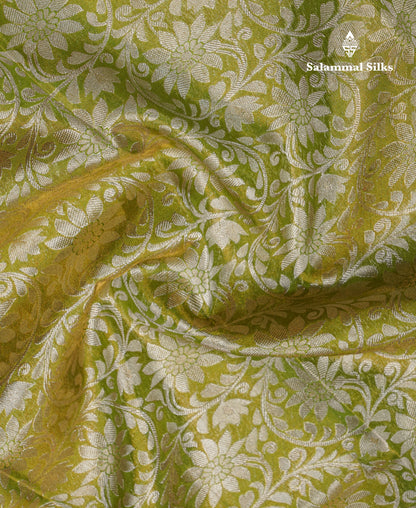 Olive Green Beautiful Grand Tissue Bridal Pure Silk Saree With Pink Border