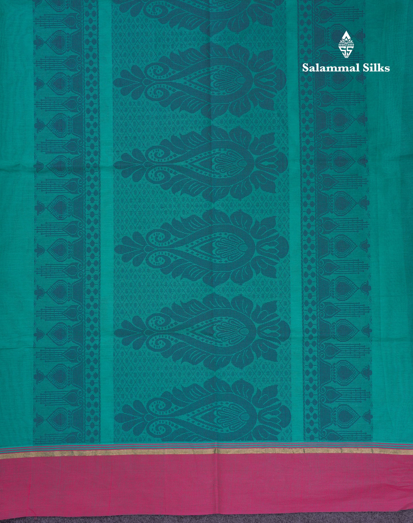Beautiful Sapphire Green Thread Work Buttas Pure Cotton Saree With Contrast Light Violet Border