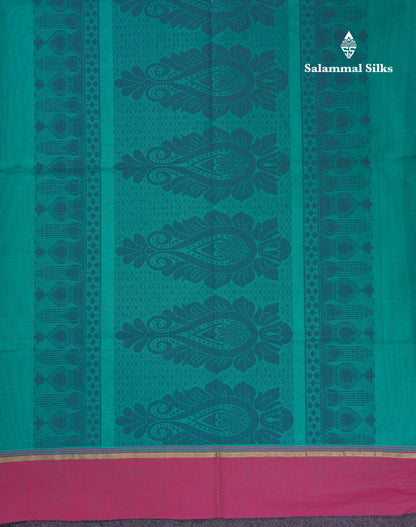 Beautiful Sapphire Green Thread Work Buttas Pure Cotton Saree With Contrast Light Violet Border